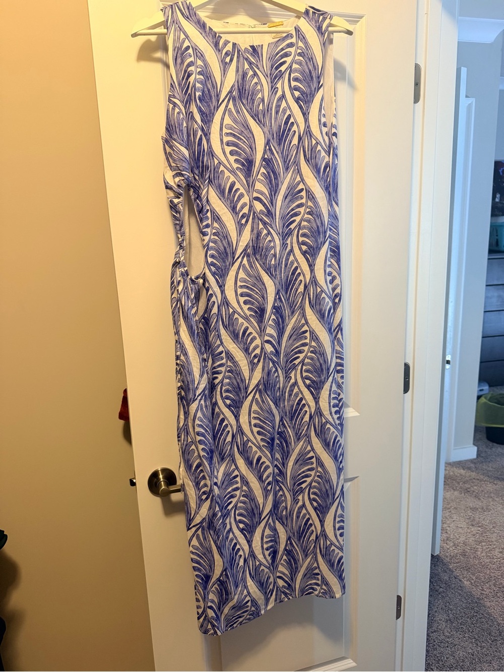 Magaschoni 100% Linen Midi Dress – Blue & White Leaf Print – Size 10